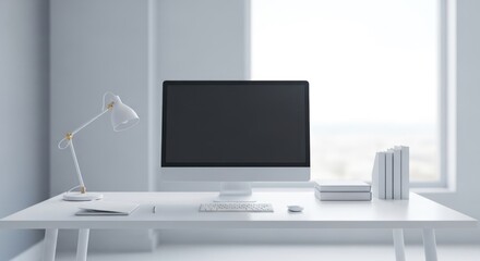 Minimalist white desk setup with computer monitor and lamp indoors.