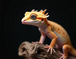 Naklejka premium Bright yellow orange crested gecko perches on wood branch. Small exotic lizard with unique head crests, big dark eyes, and spotted skin. Pet reptile closeup on dark black background studio.