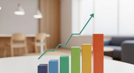Colorful bar chart with upward trending line in office setting