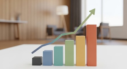 3d bar chart with upward trending line in modern office setting