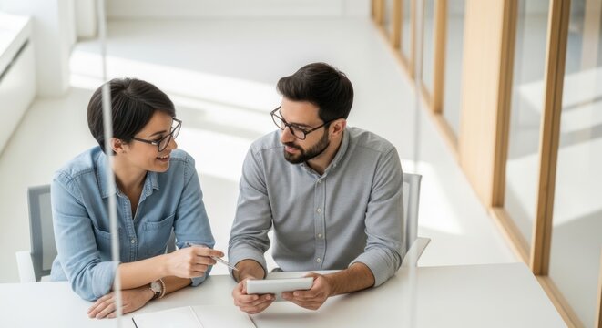 Two colleagues discuss work using a tablet in a bright office. - Powered by Adobe