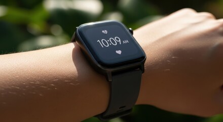 Person wearing a smartwatch displaying time and heart rate outdoors.
