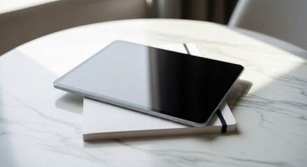 Tablet resting on white notebook on marble table with sunlight.