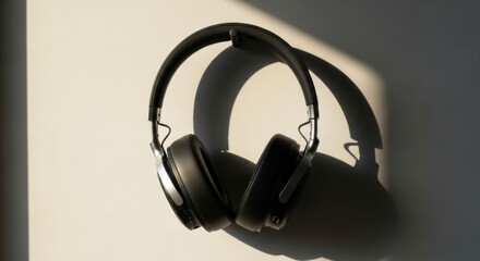 Black over ear headphones hanging on a light wall with strong shadows.