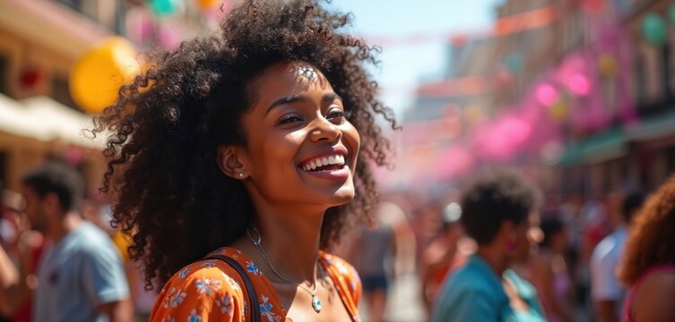 Happy young Black woman with curly hair smiles brightly with great joy. She enjoys festive street carnival parade on sunny day. Colorful balloons and streamers adorn background above diverse crowd.
