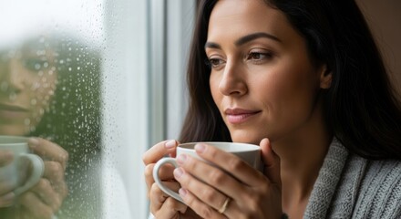 Woman holding warm mug looking through rainy window reflection
