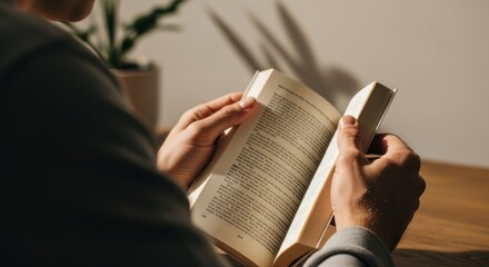 Person reading an open book indoors with soft sunlight and shadows.