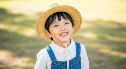 Happy child wearing straw hat and denim overalls outdoors smiling