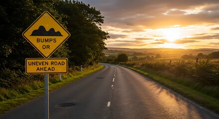 Road sign warning of bumps on asphalt road with scenic sunset view