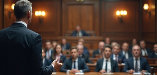 Man in suit delivers legal argument within courtroom. Blurred audience observes proceedings. Professional lawyer presents case with confidence. Justice system concept law firm representation.