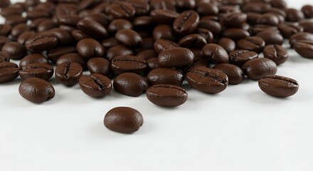 Naklejka premium Roasted coffee beans scattered on white surface in studio setting