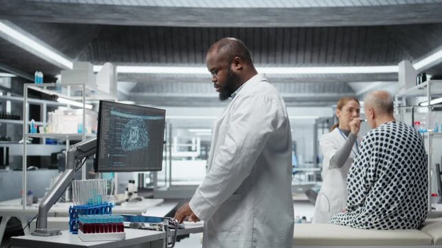 Black medic using artificial intelligence to observe effect during new drug test, collecting pharmacology data with neural networks system. Biomedicine discovery and innovation. Camera A.