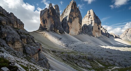 Majestic mountain peaks under a bright sky with dramatic cloud formations