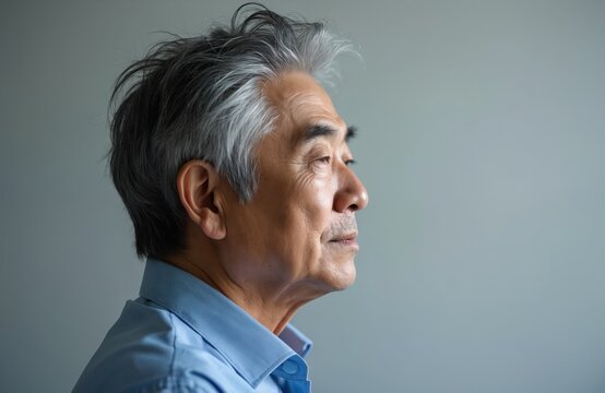 Mature Asian man with gray hair and closed eyes in profile view against gray background. Elderly male person with wrinkled face and side lighting. Calm and serene senior adult male portrait.