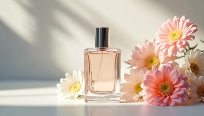 Elegant perfume bottle stands near soft pastel daisies and chrysanthemums. Gentle light creates soft shadows on background. Copy space for cosmetic branding or product ads.