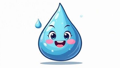 Cute happy cartoon water drop character with big eyes, pink cheeks smiles brightly. Cheerful blue droplet fresh clean pure hydration. Friendly eco mascot promoting healthy liquid wellness for