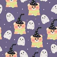 seamless pattern cartoon cute bear with halloween element drawing. cute halloween theme for wallpaper and background