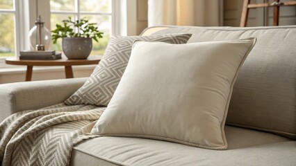 Fototapeta premium A comfortable cream pillow resting on a cozy sofa
