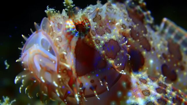 Close up of a vibrant scorpionfish showcasing intricate patterns and textures