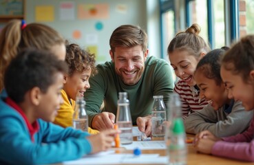 Teacher assists diverse children with fun project in classroom. Smiling kids collaborate at table. Students engage in hands on activity with mentor. Education learning concept. Teamwork and joy.