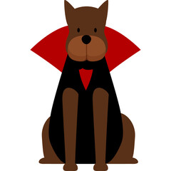 Brown Cartoon Dog Dressed as Vampire Sitting Wearing Black Cape Red Collar and Red Triangular Emblem Isolated on White Background