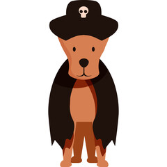 Brown Dog Dressed As A Pirate Wearing A Black Hat With Skull And Crossbones And A Dark Brown Cape With Jagged Edges Standing On A White Background