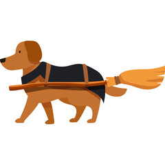 Brown Dog Wearing A Dark Vest Carrying A Broom With A White Background