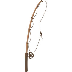 Brown Fishing Rod with Reel and Line on White Background