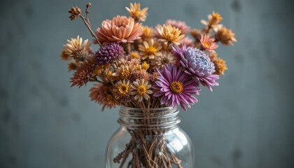 Colorful Dried Flower Bouquet in a Glass Jar Against a Soft Gray Background