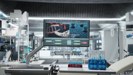 Clean empty science institute lab designed for experimentation and observation, symbolizing prevention, toxicology studies and biotechnology development focused on medical safety and innovation.