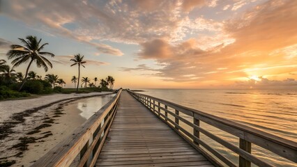 Wooden pier extending into the ocean at sunrise with palm trees and colorful sky