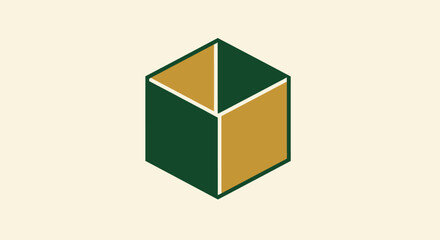 Obraz premium Isometric cube split into gold and green triangles
