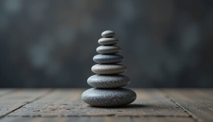 Balanced Stone Tower on Wooden Surface Showcasing Tranquility and Harmony