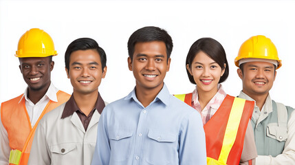 Asian construction workers and engineers posing together – teamwork, urban development, and modern industrial workforce unity