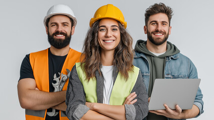 Confident Construction Team of Two Men and One Woman Standing Proudly