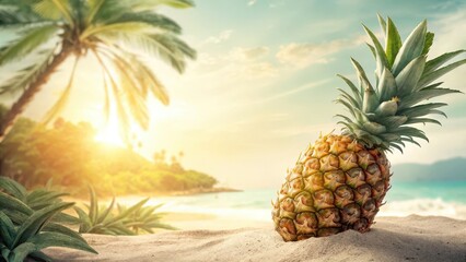 A ripe pineapple on a sandy beach in bright sunlight