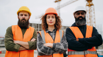Confident Construction Team of Two Men and One Woman Standing Proudly