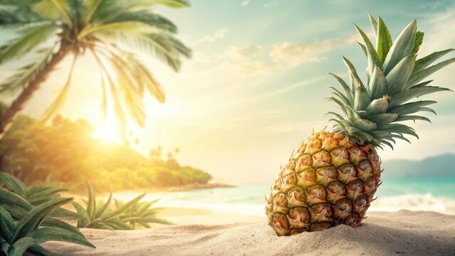 A ripe pineapple on a sandy beach in bright sunlight