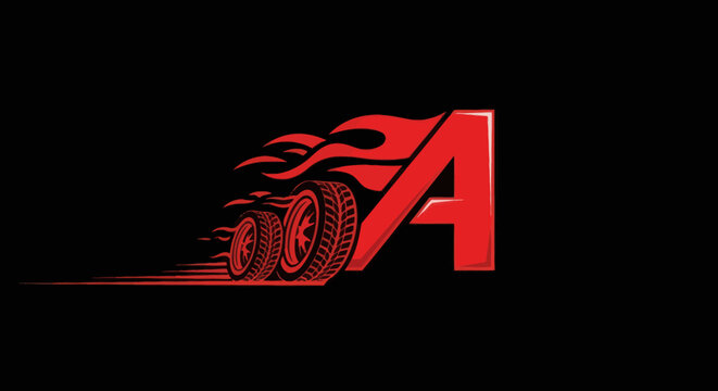 Red letter A with flaming wheels on black