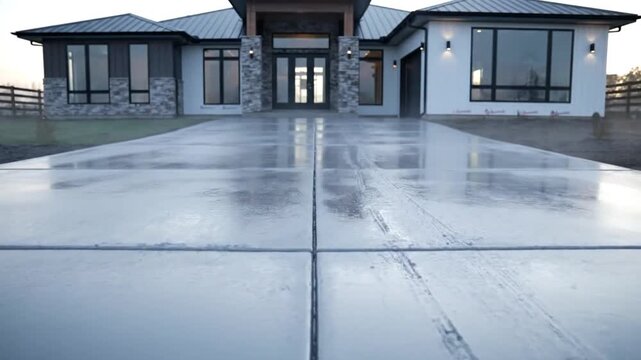 Dynamic Low-Angle Tracking Shot Over a Steaming, Newly Poured Concrete Driveway of a Modern House.
