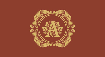 Gold 'A' monogram logo with leaves inside circle, ribbons around, on solid brown background