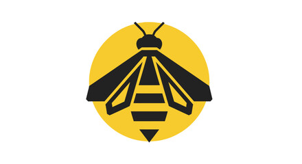 Stylized black bee silhouette over a yellow circle on white
