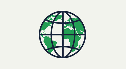 Globe graphic dark blue lines, green continents on cream