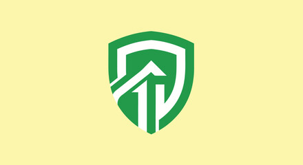 Green shield with white arrow on light yellow background