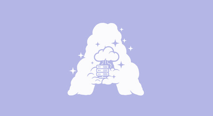 White cloud and server icon on a lavender background with star sparkles