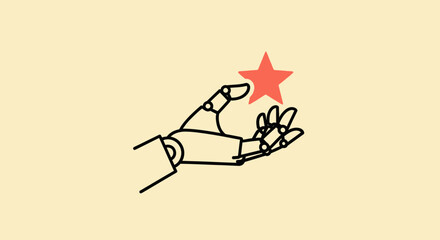 A robotic hand reaches for a red star