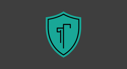 Teal shield emblem with black lines of offset 'T' shapes within