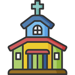Cartoon Style Christian Church Building With Blue Roof Green Walls Red Accents And Cross Symbol On Top Against Transparent Background