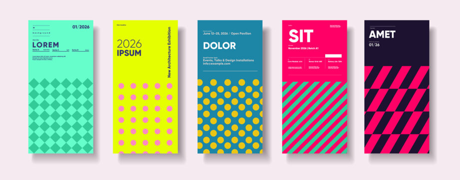 A vibrant collection of five modern poster designs featuring bold typography and geometric patterns. Each poster showcases a unique color scheme and layout, perfect for events, exhibitions