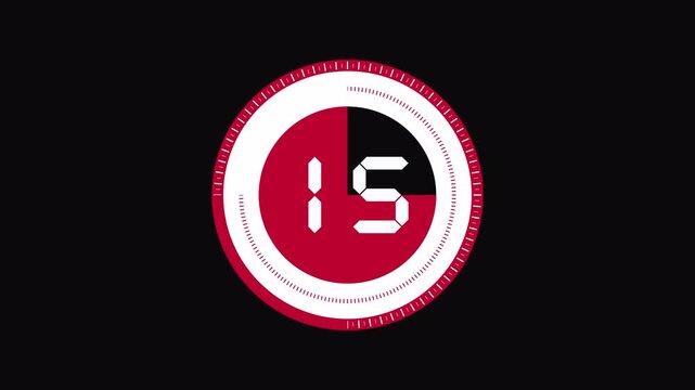20 second rotating circle countdown timer in red and white digital flat motion, 4K animation with alpha channel ideal for stream intros, live events and modern presentations.